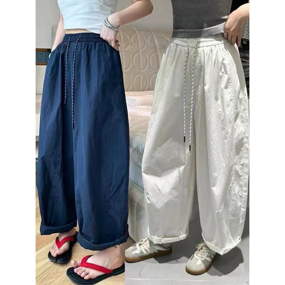 大码速干休闲裤女夏季宽松直筒阔腿九分裤微胖MM梨形身材遮胯裤子