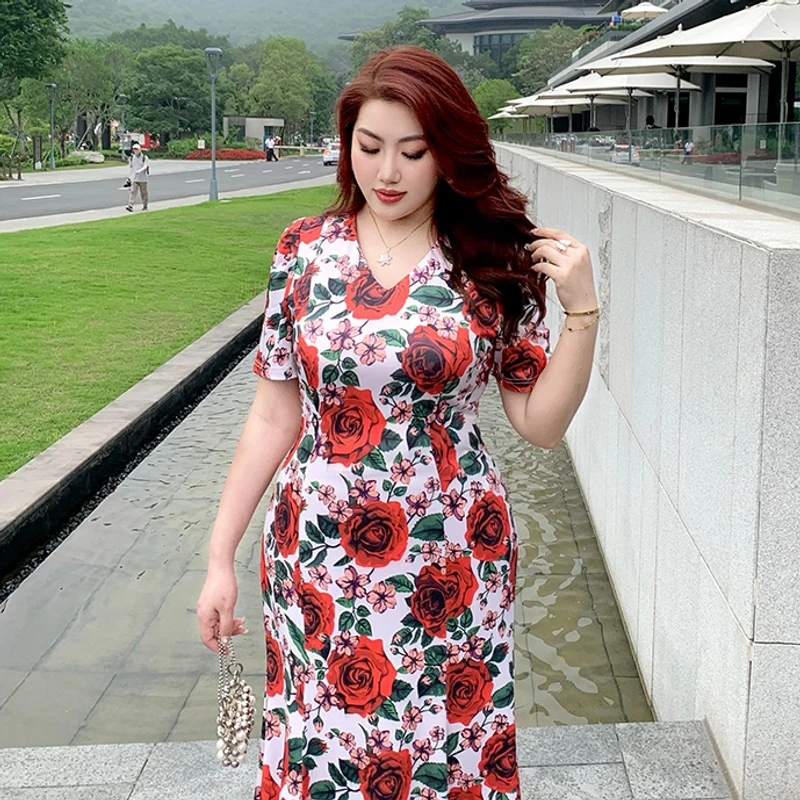 GLEC套头极简风连衣裙V领印花夏季收腰遮肚旗袍碎花  G1108A