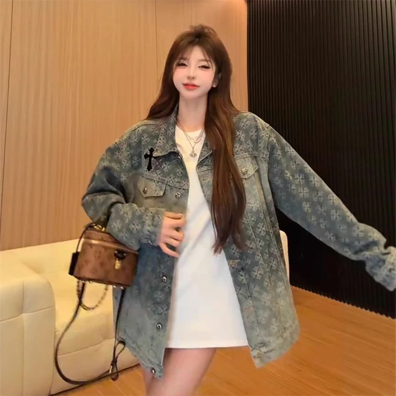 满印提花十字架烫钻牛仔外套男秋季新款美式复古轻奢小众翻领夹克