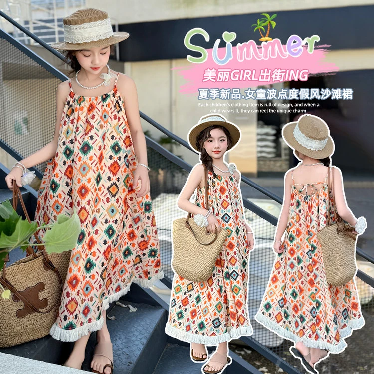 新款洋气连衣裙裙子儿童波西米亚夏季格子长裙度假风女大童连衣裙