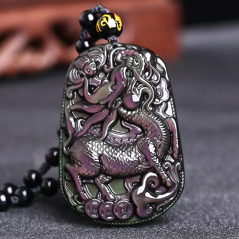 天然黑曜石麒麟吊坠男士佩戴2025蛇年吉祥物女款玉石挂件原石项链