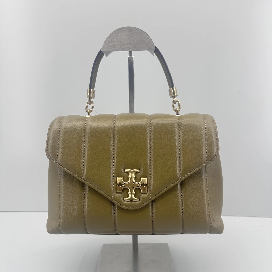 95新 TORY BURCH/汤丽柏琦 kira羊皮棕色手提包23x17x10SM070111