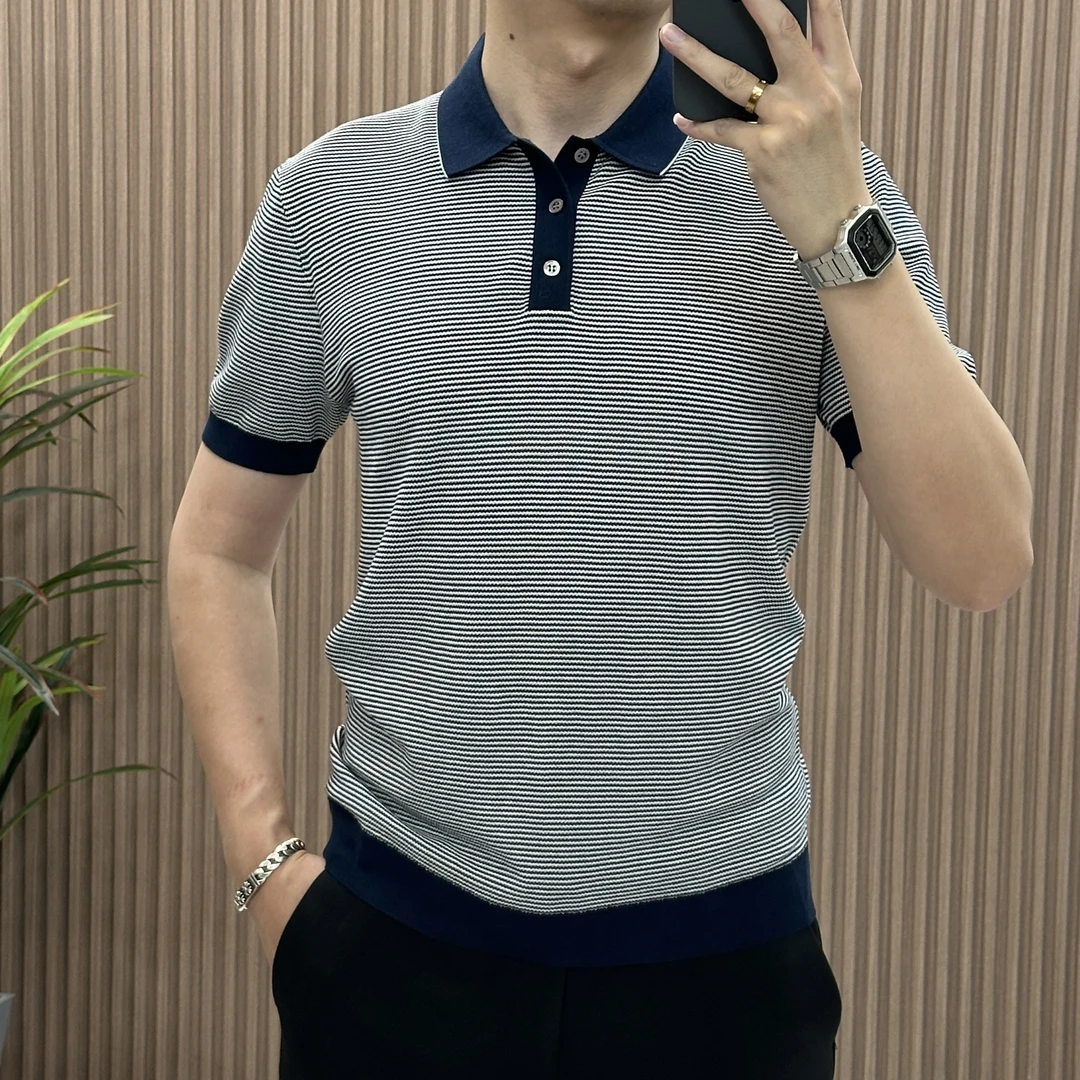 男士条纹针织短袖夏季透气polo衫修身时尚百搭翻领衬衫久穿不褪色