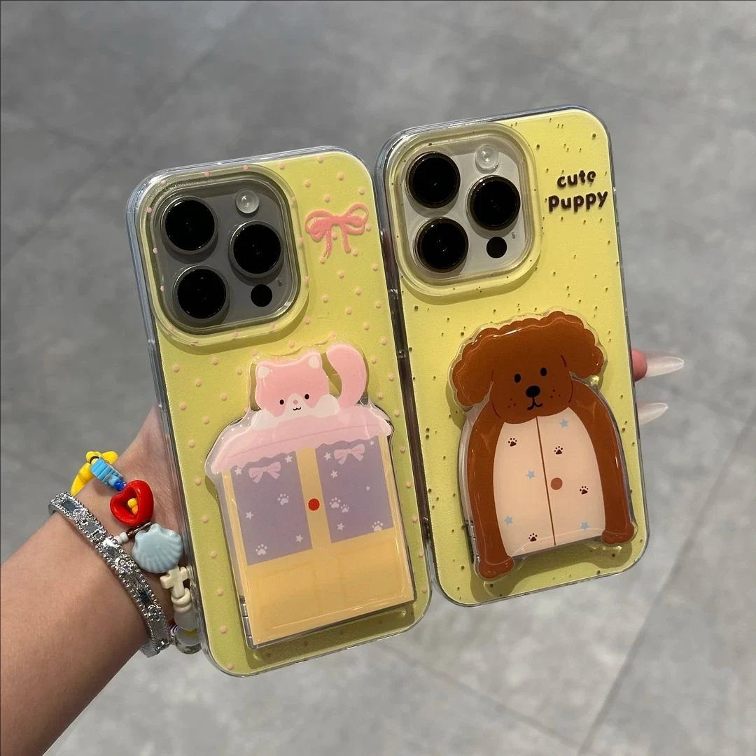 创意泼墨英文屋子小狗猫咪镜子支架壳适用苹果17/16趣味华为荣耀