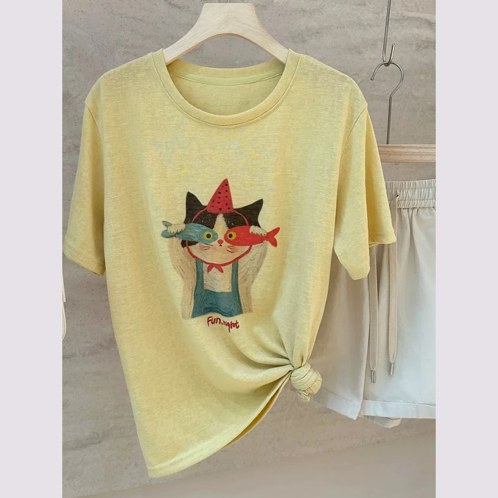 TX-22212韩系夏季圆领显瘦印花短袖小猫爱吃鱼T恤