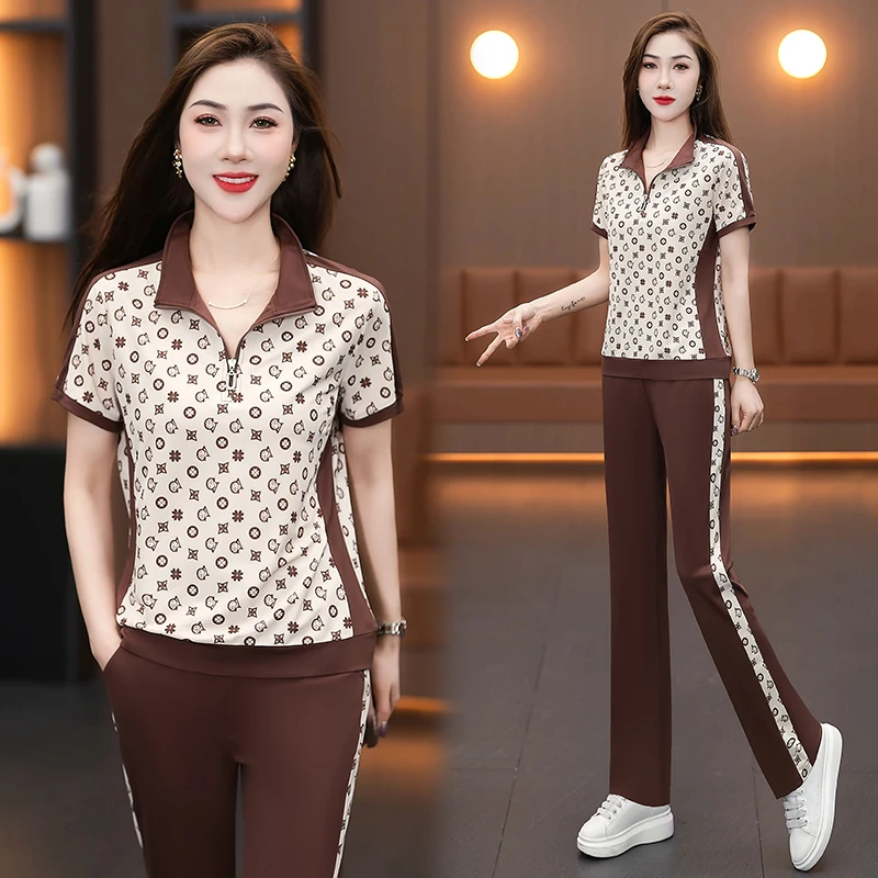 夏装搭配一整套运动服套装女2025新款中年女士翻领短袖休闲两件套