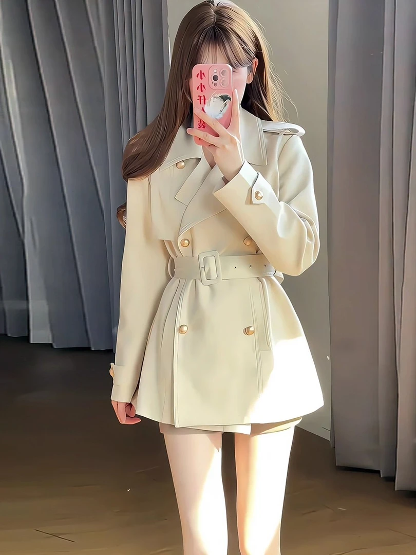 英伦风翻领双排扣收腰系带风衣女2025秋季款时尚气质修身短款外套