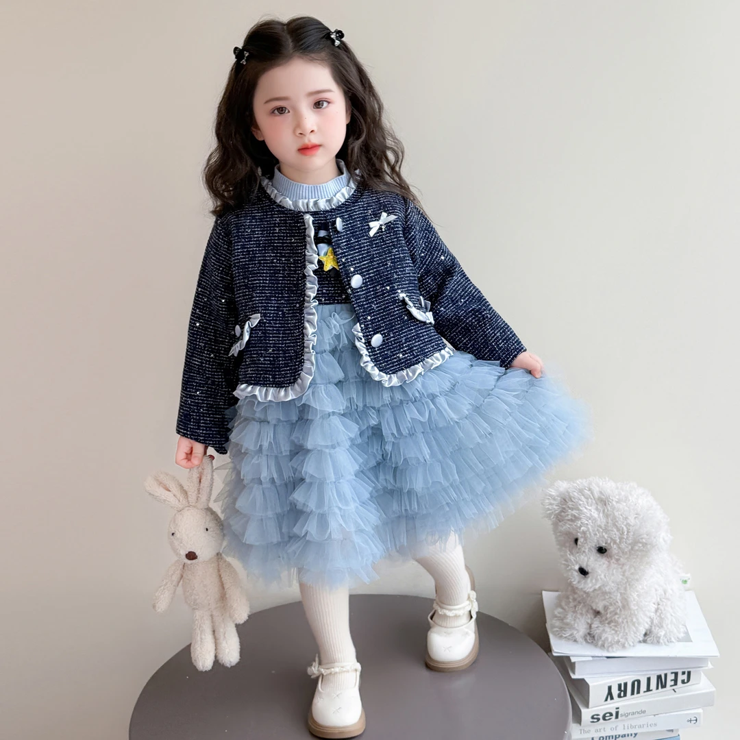 女童冬装加绒套装2025新款洋气儿童加厚外套冬季甜美女宝宝连衣裙