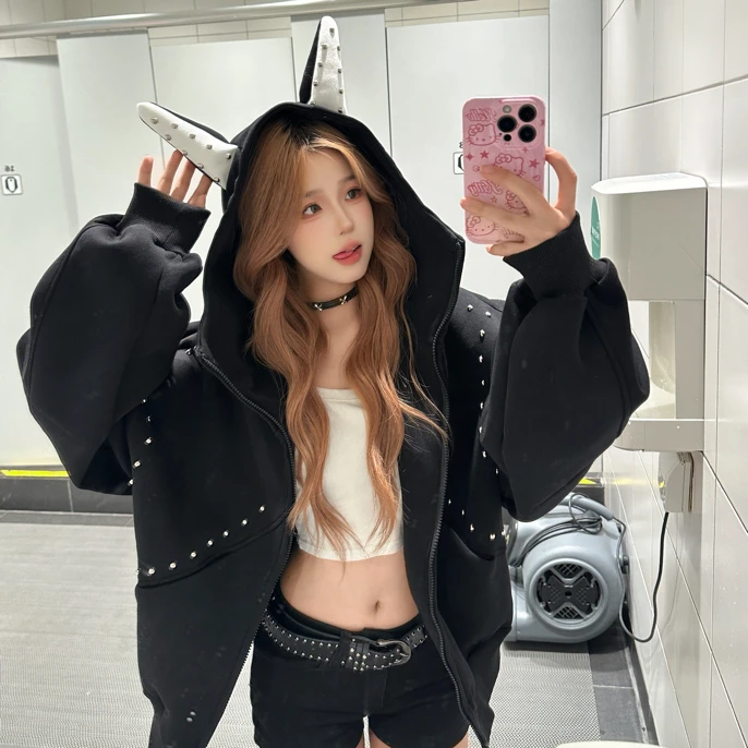 黑月光moonlight杜宾犬铆钉连帽卫衣男女秋休闲宽松设计感外套