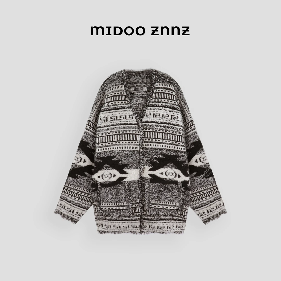MIDOO ZNNZ 民族风复古提花设计流苏宽松毛衣外套22116M