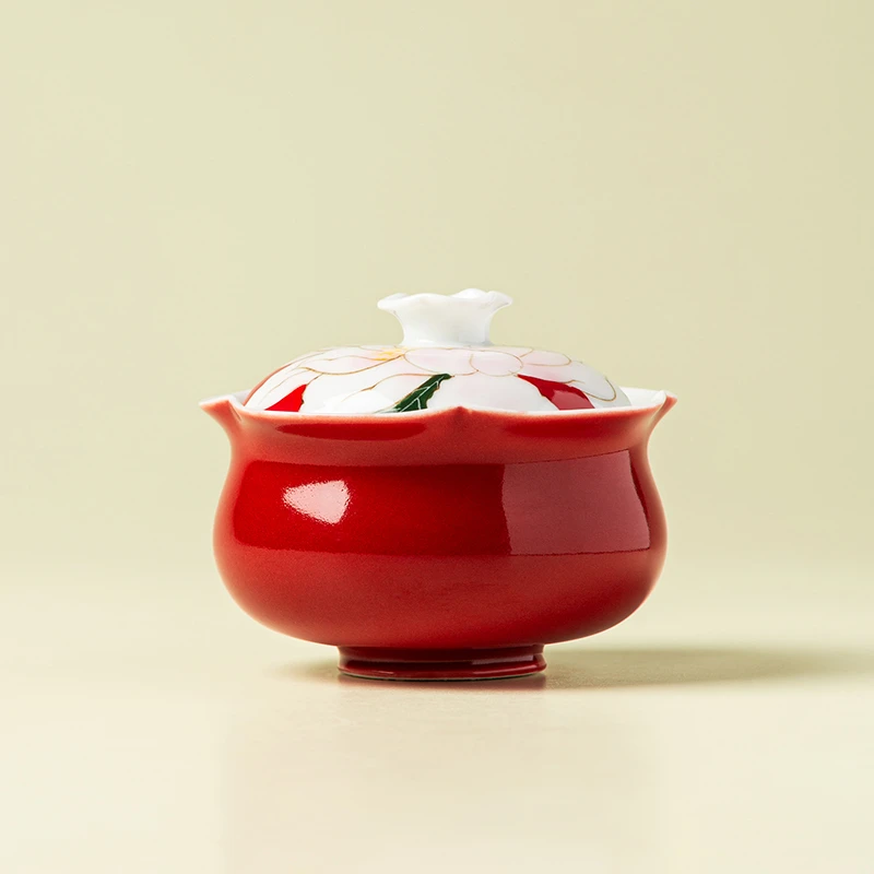 赞朴珊瑚红盖碗陶瓷茶具纯手绘莲中蝶盖碗茶杯家用单个带盖泡茶碗