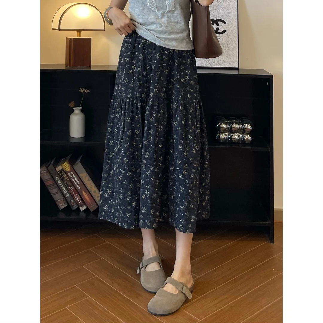 黑色碎花半身裙女高腰夏季大码胖mm遮胯显瘦梨形身材中长款a字裙