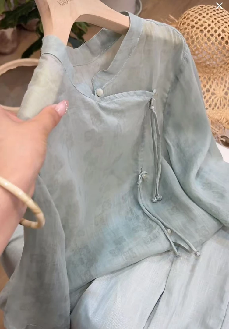 小文姐 W1678-夏季简约烧花纯色衬衫清冷感系带文艺复古上衣女