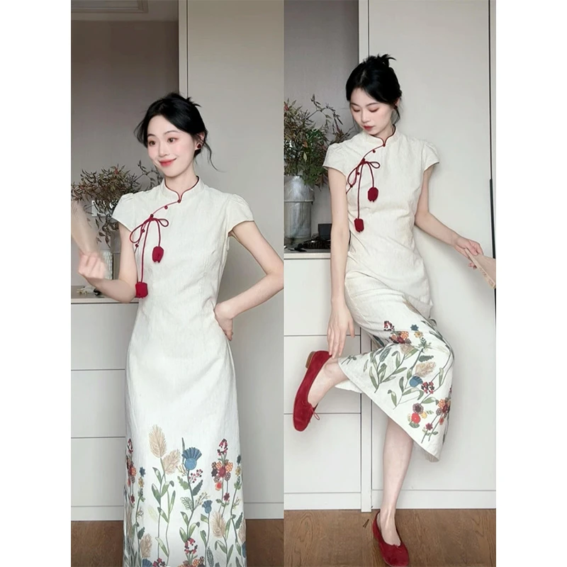 新中式印花修身显瘦连衣裙女夏季中国风超好看修身显瘦a字长裙