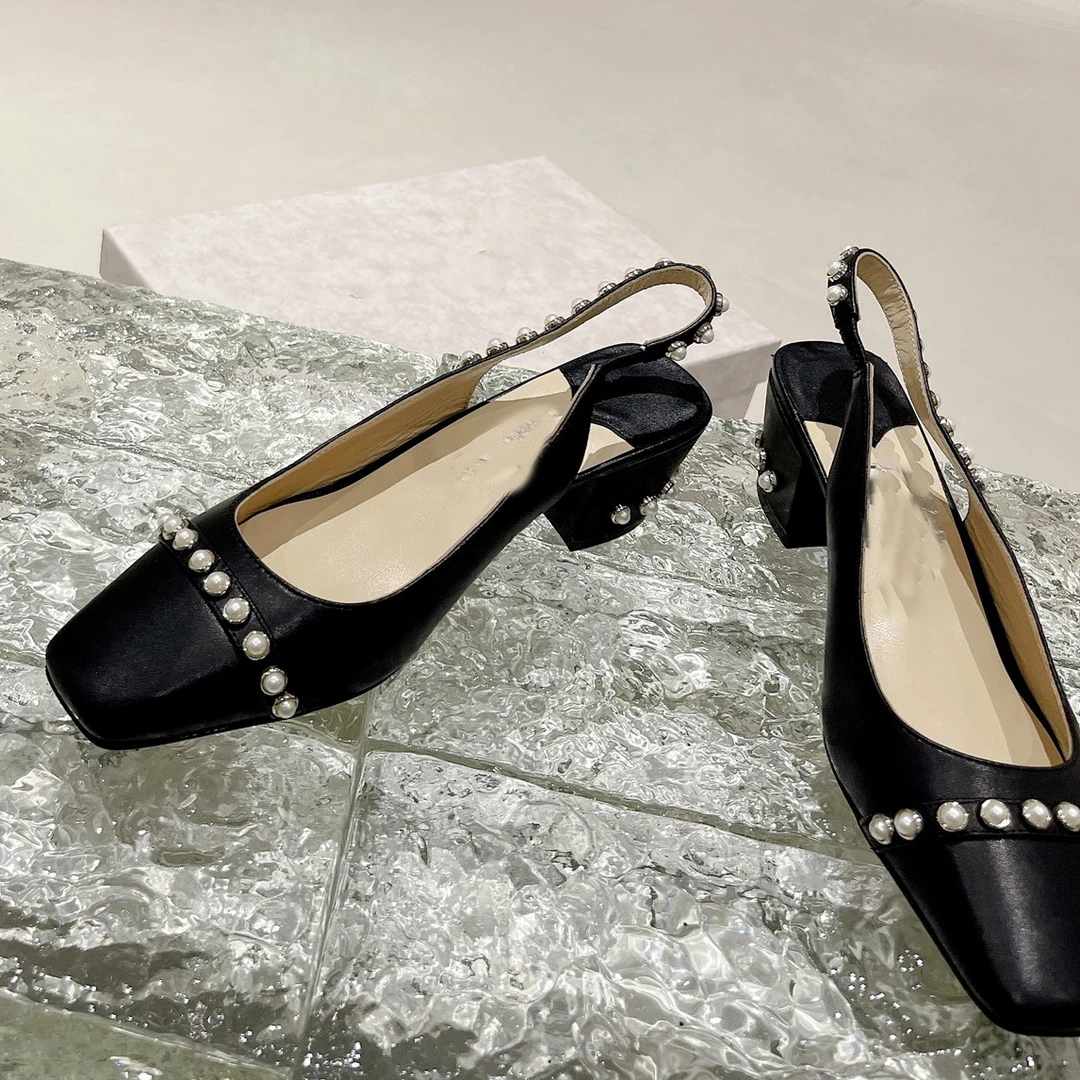 rv 方头珍珠露跟款倾角阔跟高跟鞋