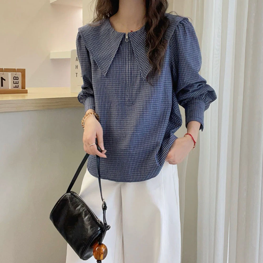 欧洲站2025春款甜美风娃娃领半拉链套头复古格子拼色泡泡袖衬衫女