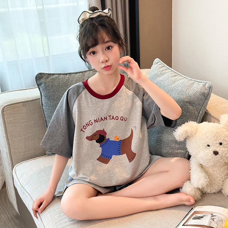 夏季薄款2025年新款儿童睡衣女大童棉家居服女孩卡通短袖短裤套装