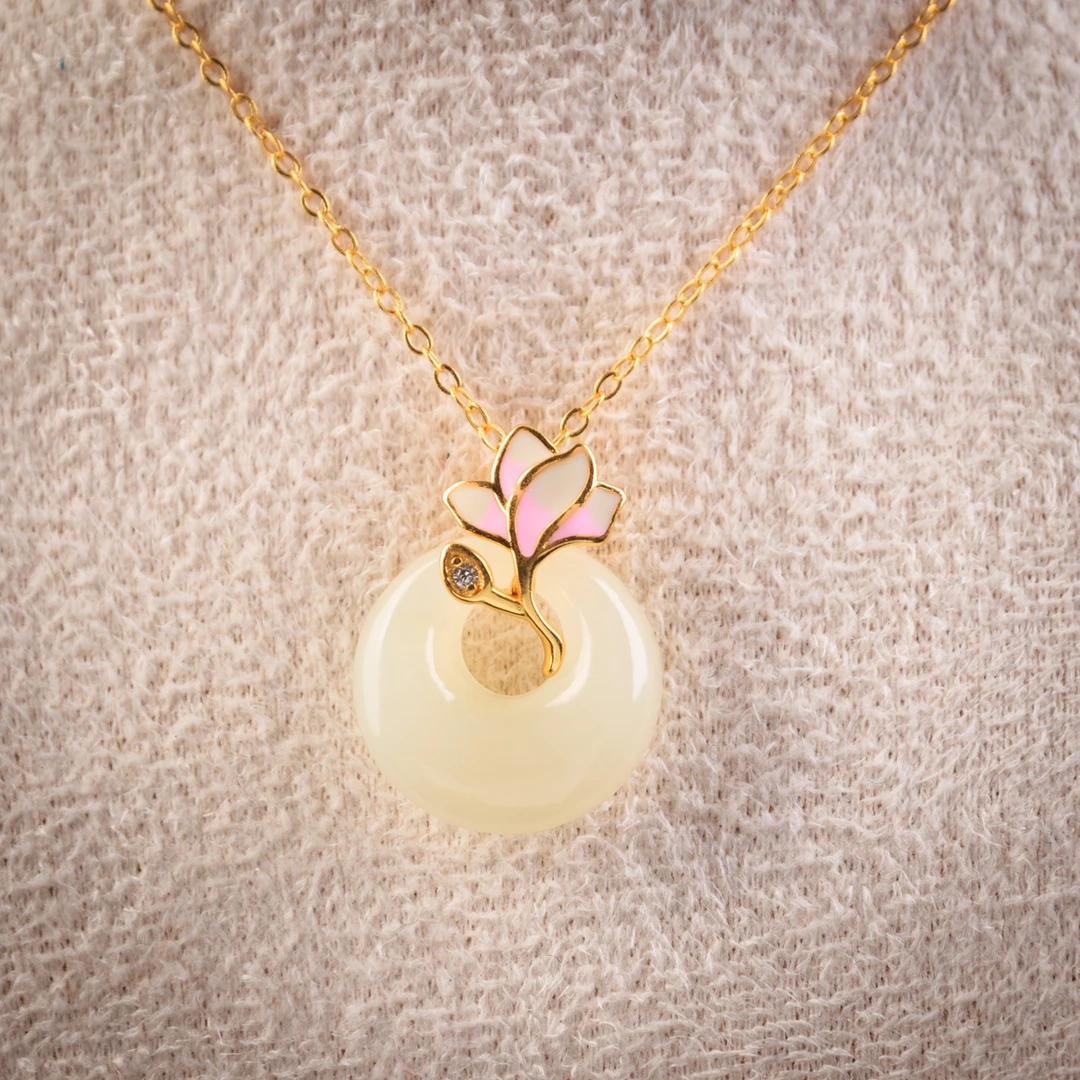 天然和田玉镶嵌S925银玉兰花公主扣吊坠女新中式玉坠@多样性发一