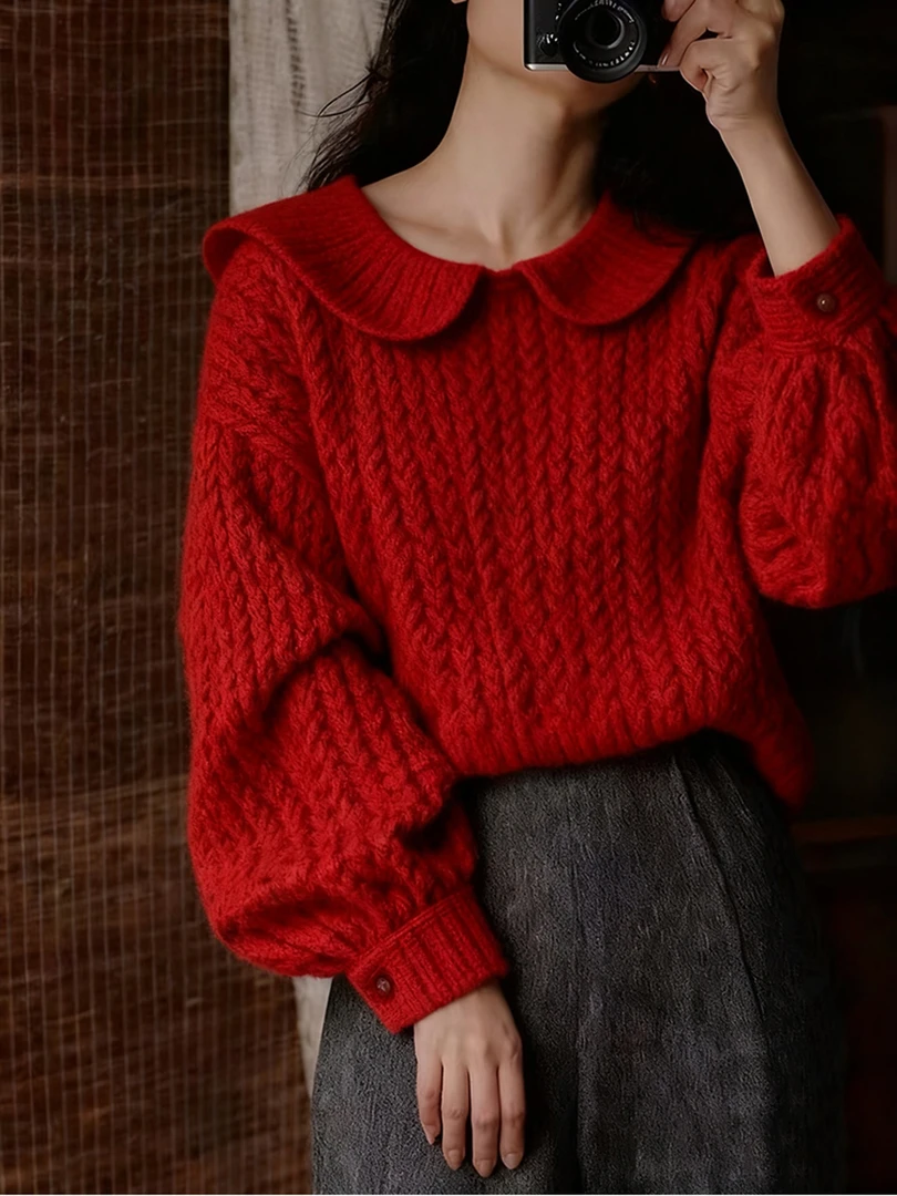 法式多巴胺翻领麻花毛衣开衫女2025秋冬新款高级软糯减龄针织外套