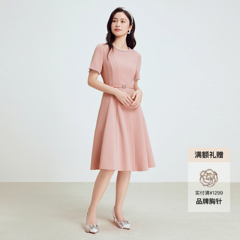 【商场同款】【珂莱蒂尔三醋酸】夏季圆领玫瑰浪漫优显瘦夏季连衣裙