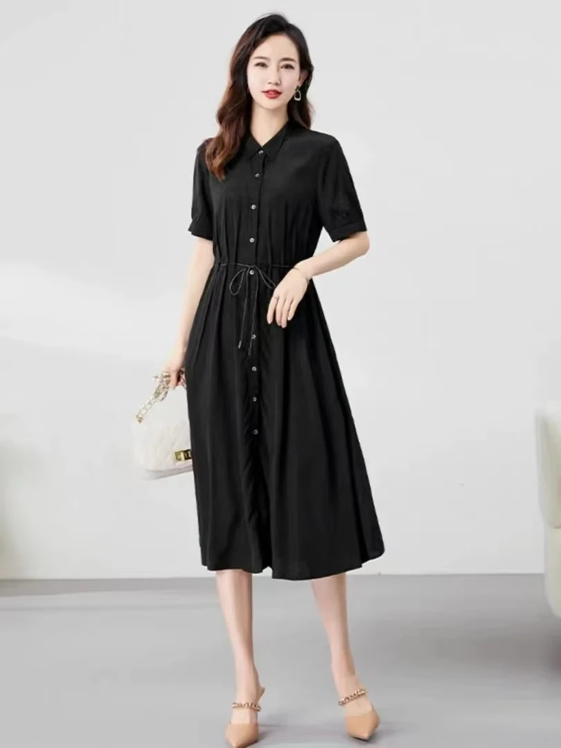 DX703小翻领连衣裙宽松腰中长款大码夏季X型裙收腰黑色