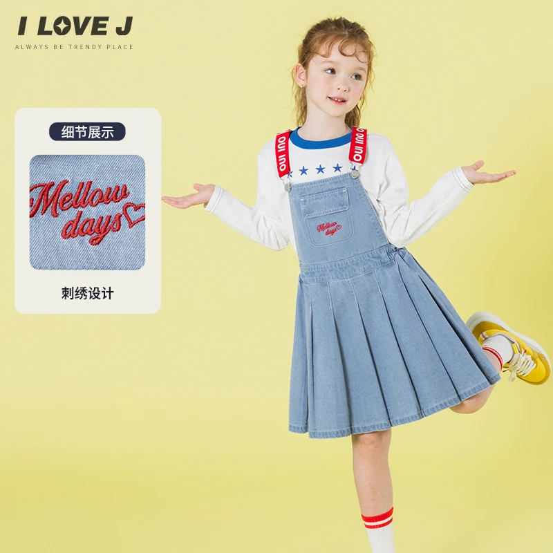 ILOVEJ童装2025春季新款女童牛仔连衣裙背带裙刺绣百褶裙/JXSOP12