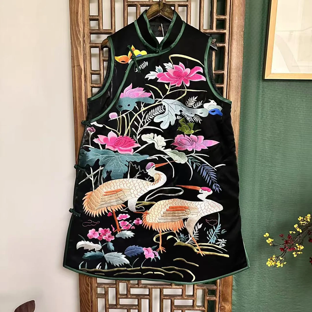 凤徕兮私人定制黑色光板仙鹤花刺绣盘扣小立领加棉马甲（LS419）棉