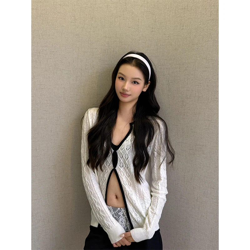 美式辣妹长袖针织开衫女早秋新款镂空毛衣修身显瘦高级感拼接短裤