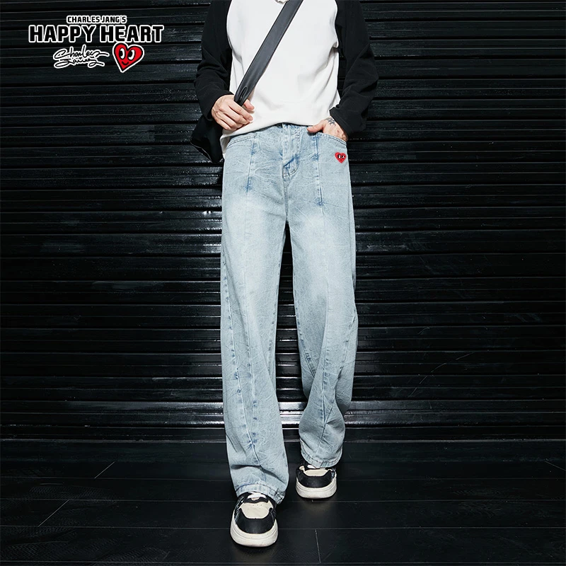 查尔斯桃心 扎洗牛仔裤男女同款情侣百搭复古休闲美式宽松潮流