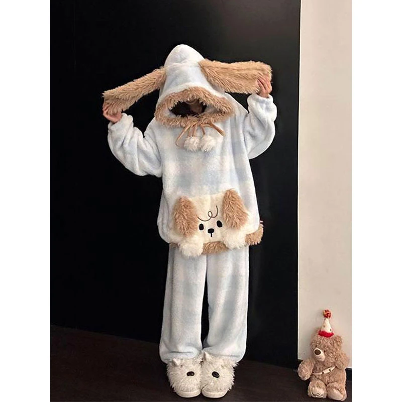 少女可爱小狗连帽珊瑚绒睡衣女秋冬保暖家居服可外穿加绒加厚套装