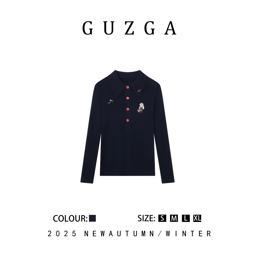 GUZGA【雍容闲雅】2025秋冬上新藏青小熊刺绣针织毛衣时尚百搭