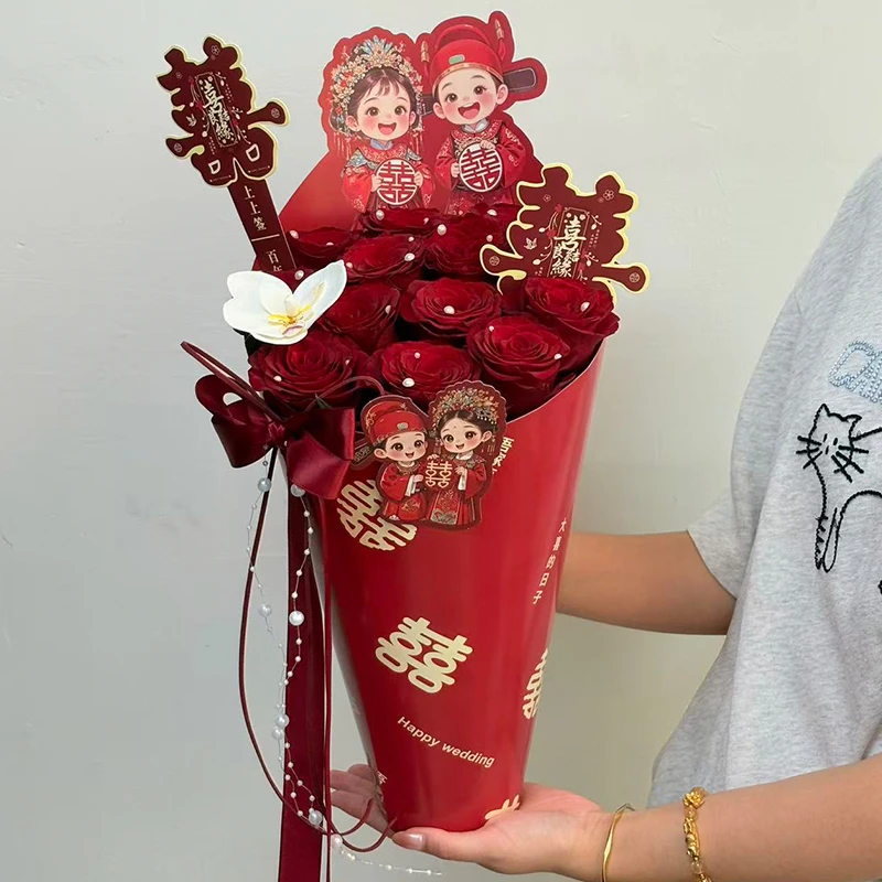 婚庆国风冰淇淋抱抱桶速成卡纸红色婚庆定型片花艺用品资材