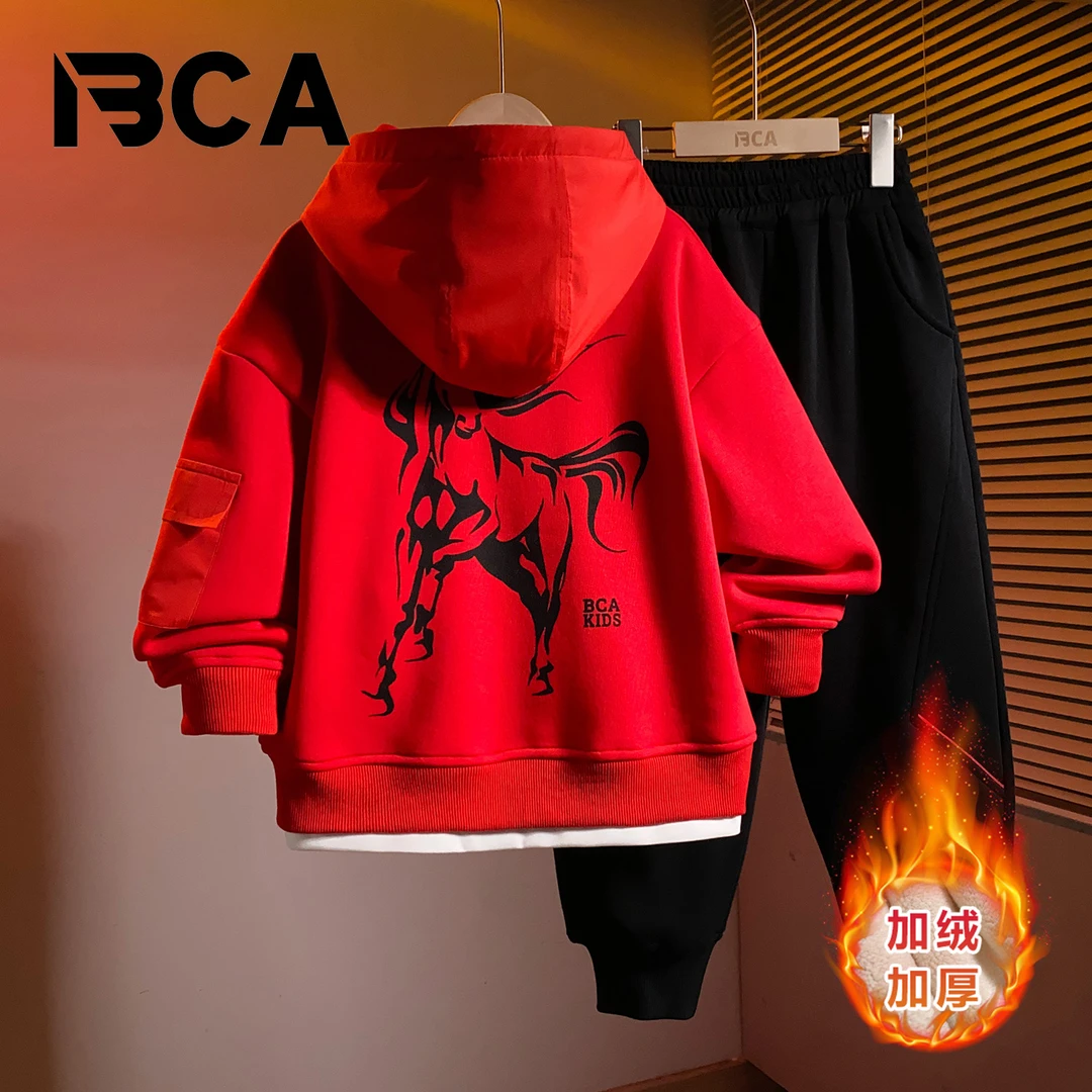 BCA【策马奔腾】加绒连帽红色男童中大童冬季加绒套装DF-套装3894
