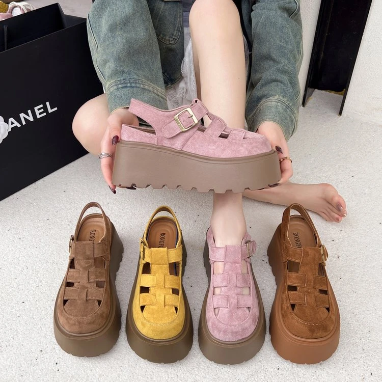 春夏季新款镂空包头厚底增高罗马凉鞋