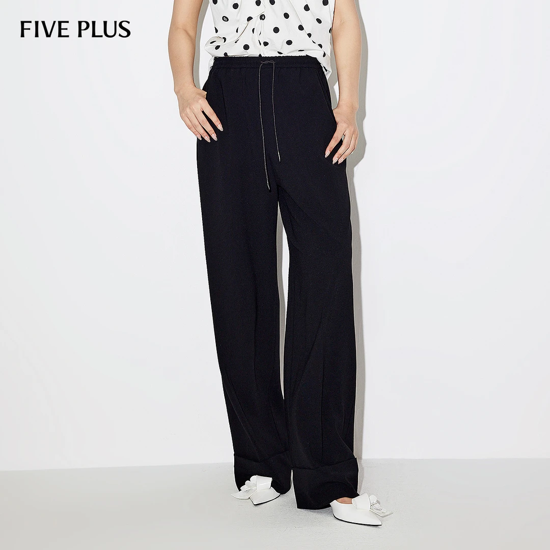 FIVE PLUS夏装休闲裤女宽松直筒阔腿长裤子松紧腰黑色2LN2060040