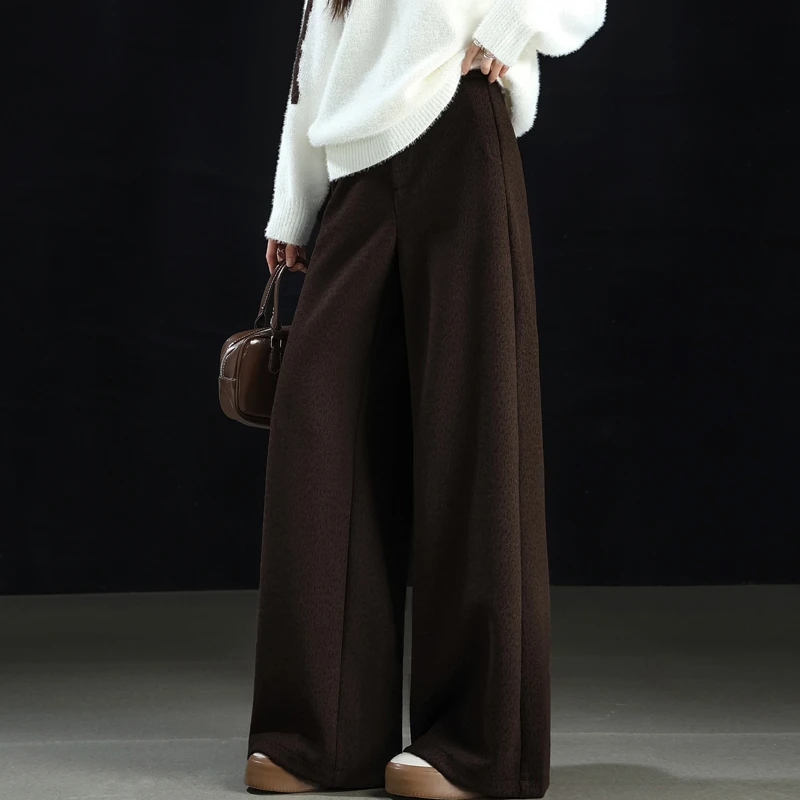 慵懒风咖色羊呢裤子女秋冬2026新款高腰直筒窄版豹纹毛呢阔腿裤子