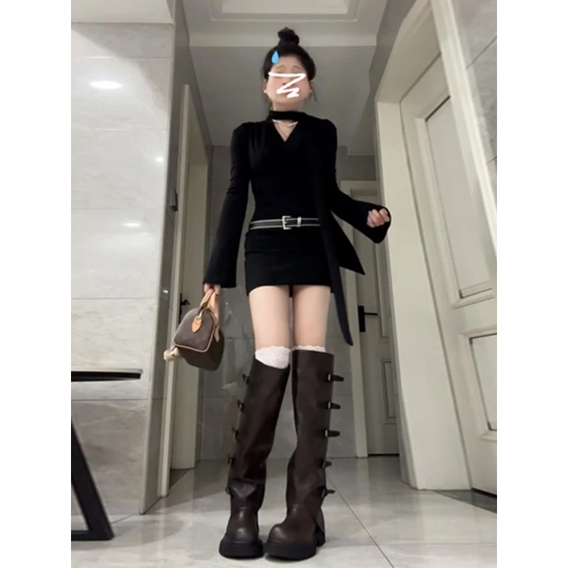 2025新款美式辣妹风荡领连衣裙女装冬季御姐风长袖黑色包臀短裙子