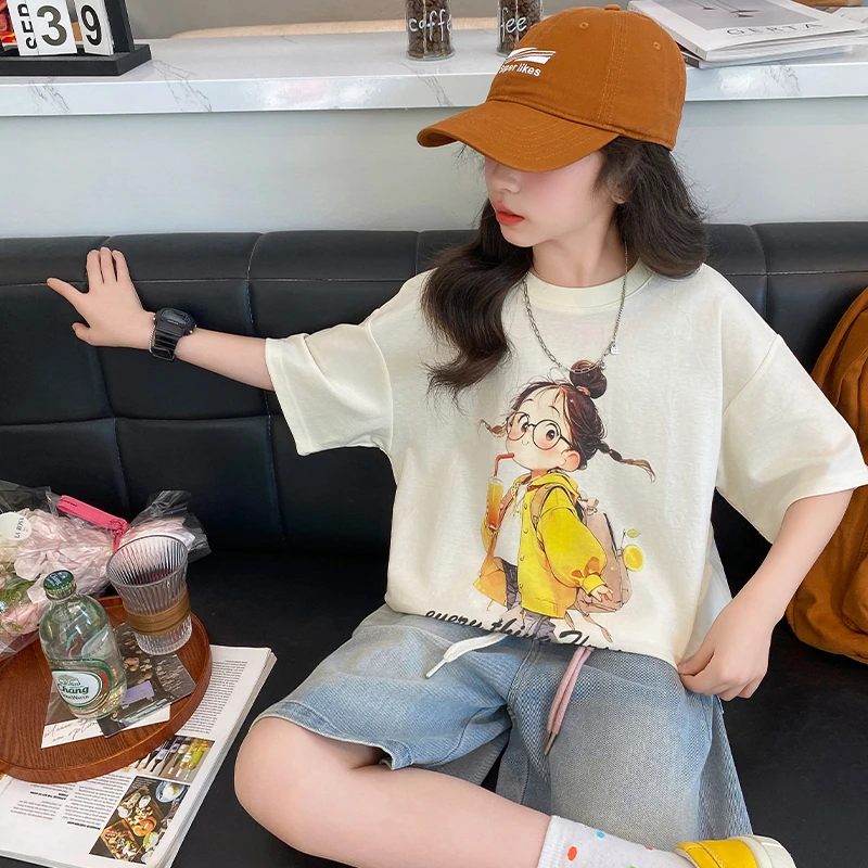 2025夏季新款女童t恤宽松洋气儿童半袖中大童纯棉短袖T恤夏装ins