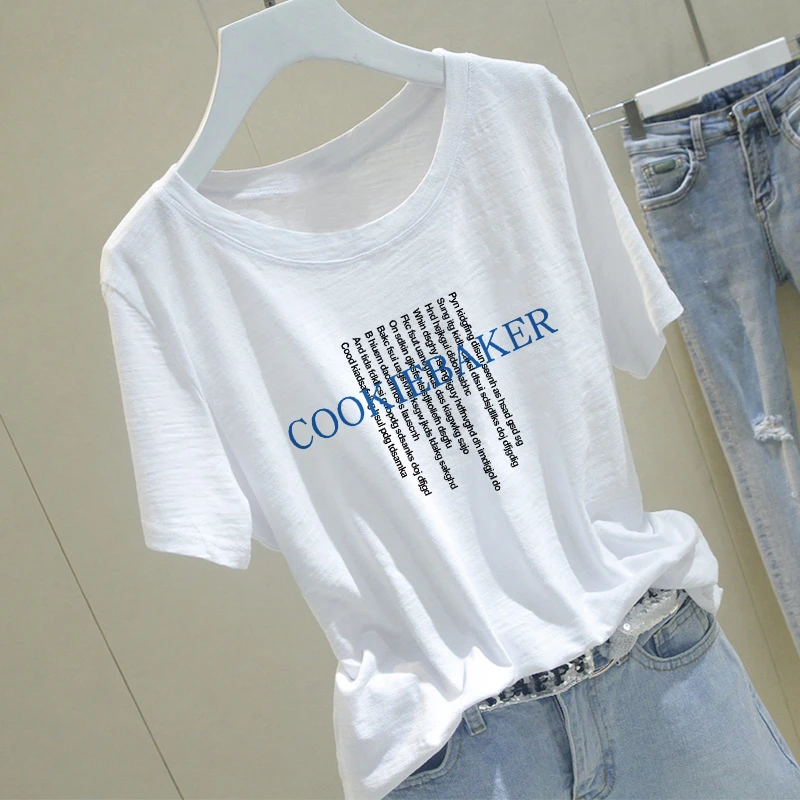 竹节棉圆领宽松纯棉短袖t恤女士夏季印花时尚洋气韩版显瘦女装潮