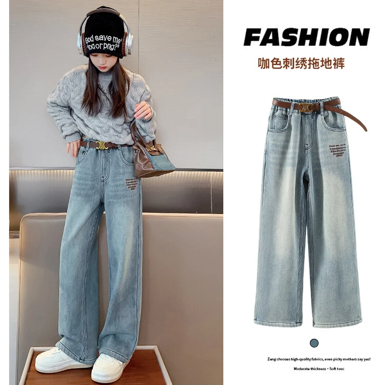 女童洋气咖色字母牛仔裤2025春秋新款时尚百搭中大童休闲阔腿裤