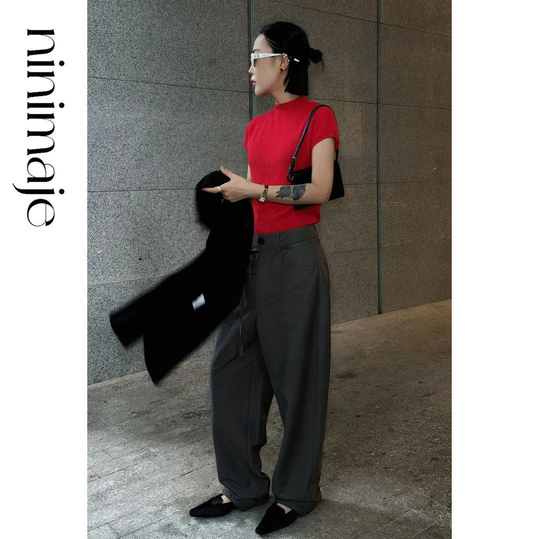 NanBeiBei   极简设计款立体剪裁挺阔肌理感系带直筒裤 5630