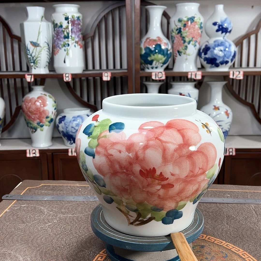 摆件景德镇陶瓷大口红牡花
