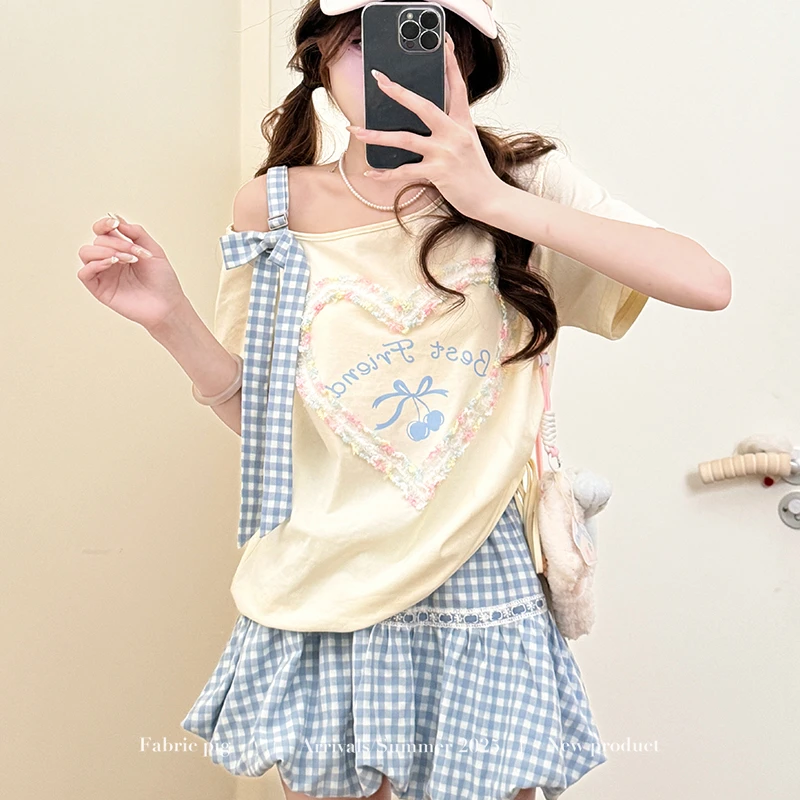莓汽泡泡杏 织物猪原创 夏日多巴胺露肩上衣女宽松爱心格纹短裙