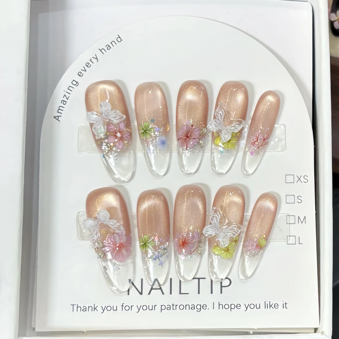 纯手工【玻璃花】高级冰透猫眼彩色花朵闪亮新款氛围感穿戴甲