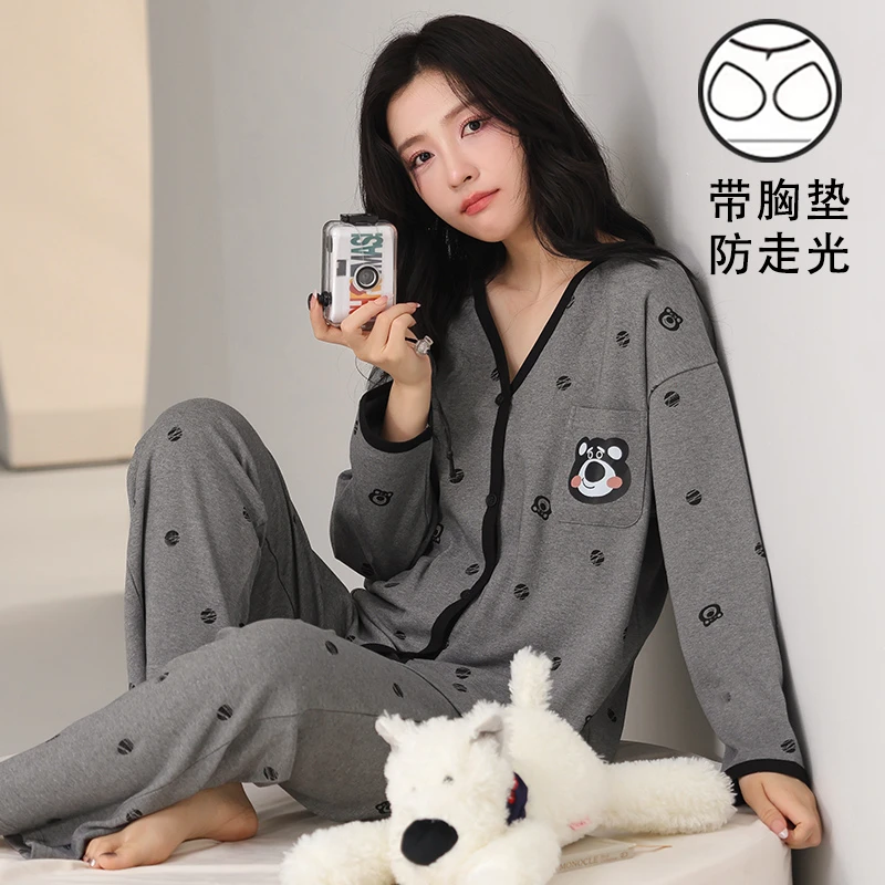 长袖自带胸垫一体睡衣套装春秋季女士纯棉家居服开衫大码200斤5XL