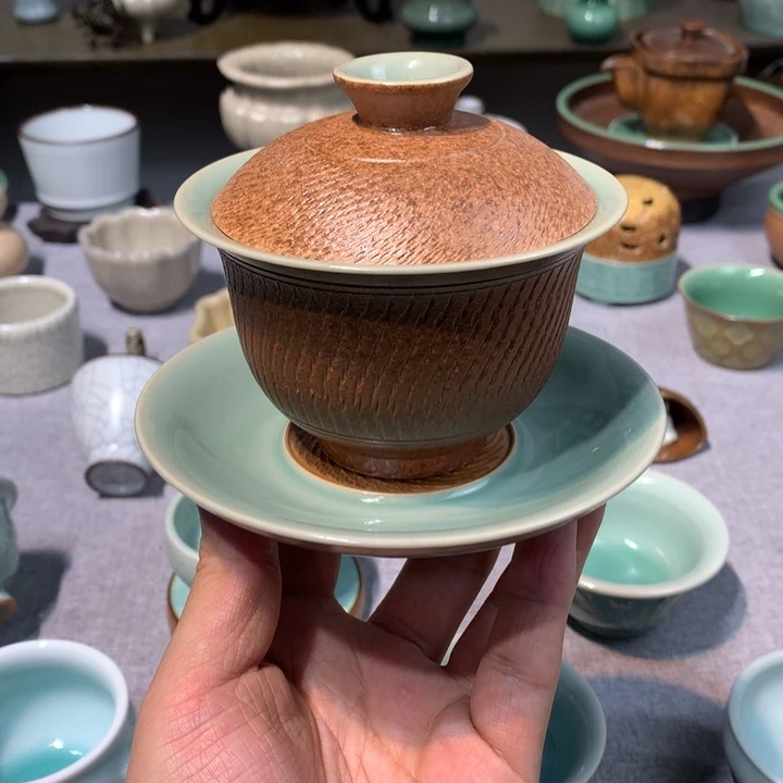 龙泉青瓷手工三才盖碗