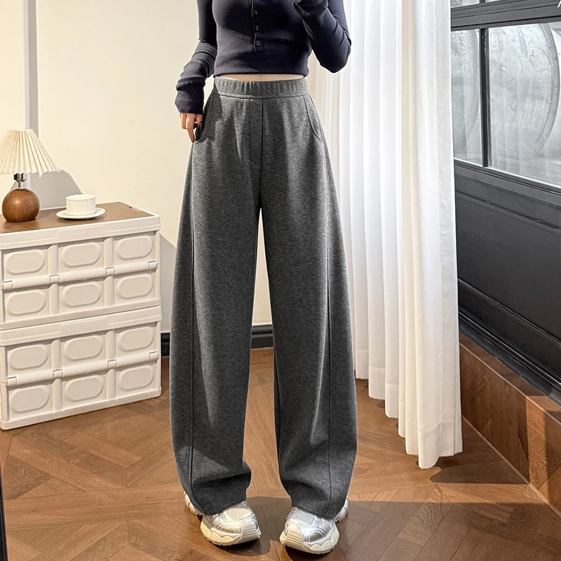 灰色毛呢阔腿裤女秋冬季加厚宽松慵懒风羊毛香蕉弯刀裤子2025新款