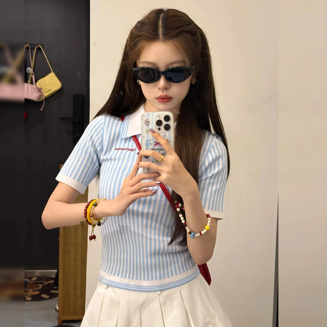学院风polo领条纹正肩短袖t恤女夏2025新款收腰显瘦辣妹上衣4006