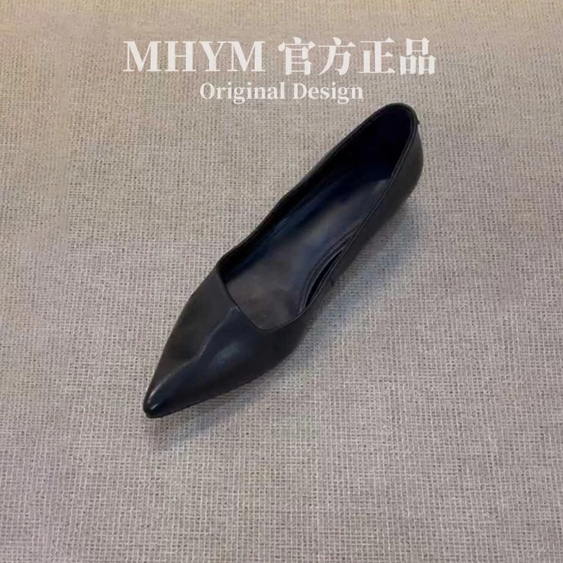 MH官方文艺风一脚蹬懒人真皮单鞋女浅口复古粗跟尖头气质工作鞋