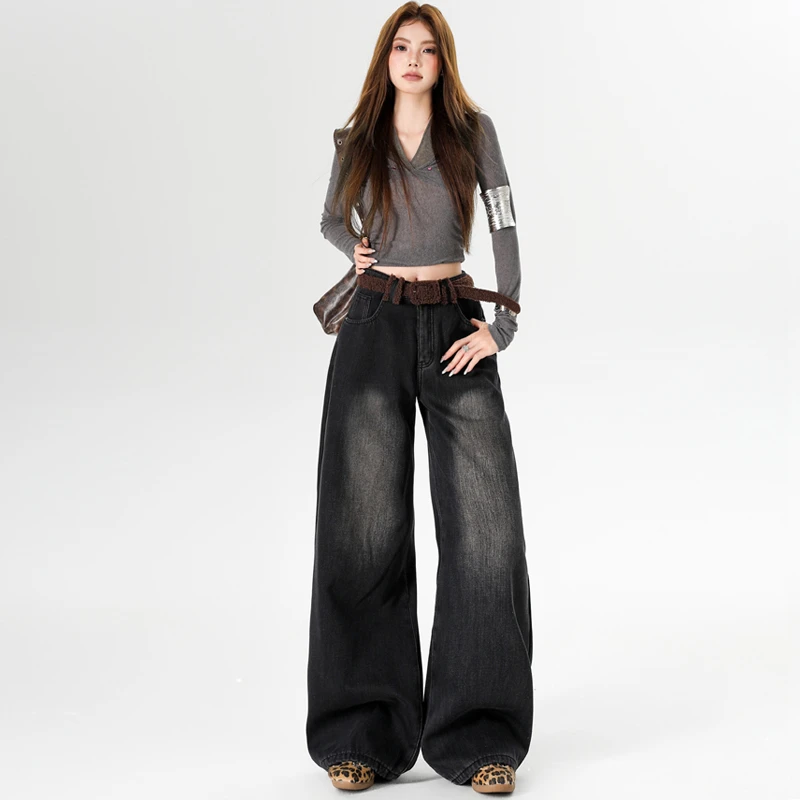 陆笙好加绒加厚阔腿裤女装牛仔裤复古辣妹风直筒裤牛仔裤女加长裤